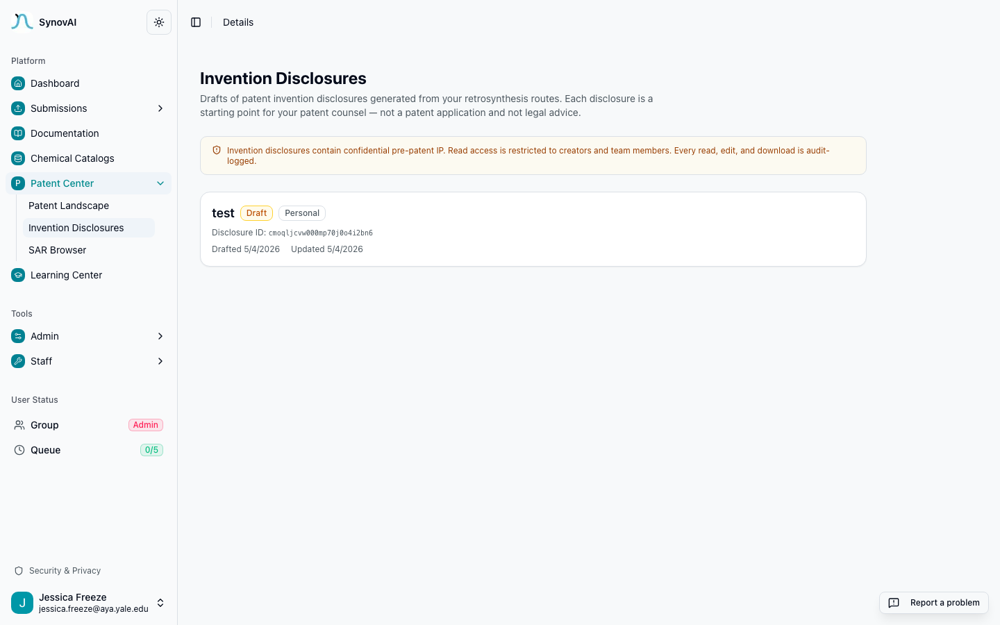 Invention Disclosures dashboard with status lifecycle.