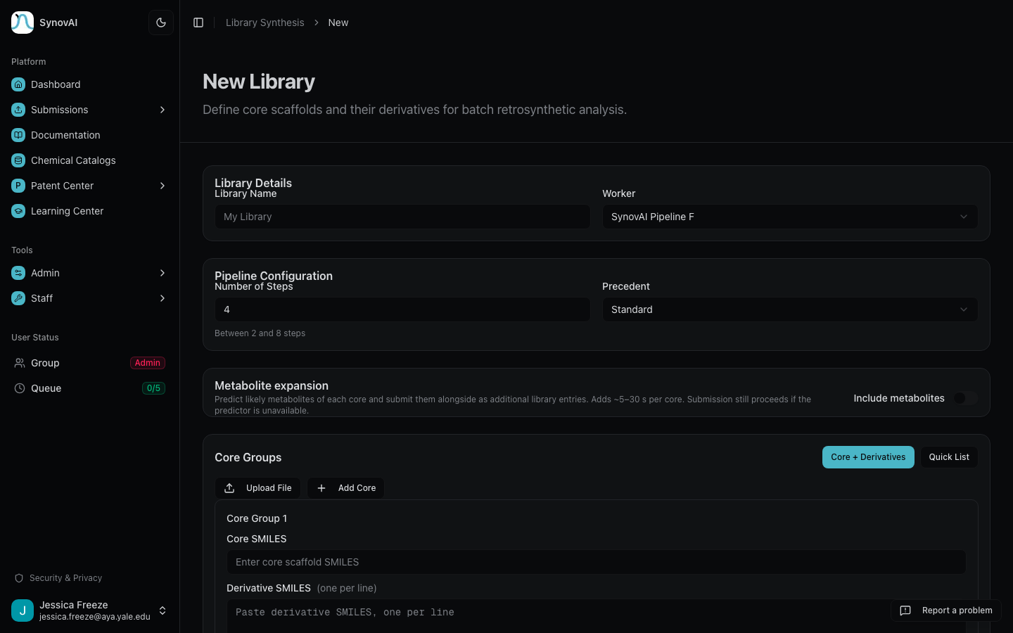 Library dashboard with multiple molecules and per-entry status