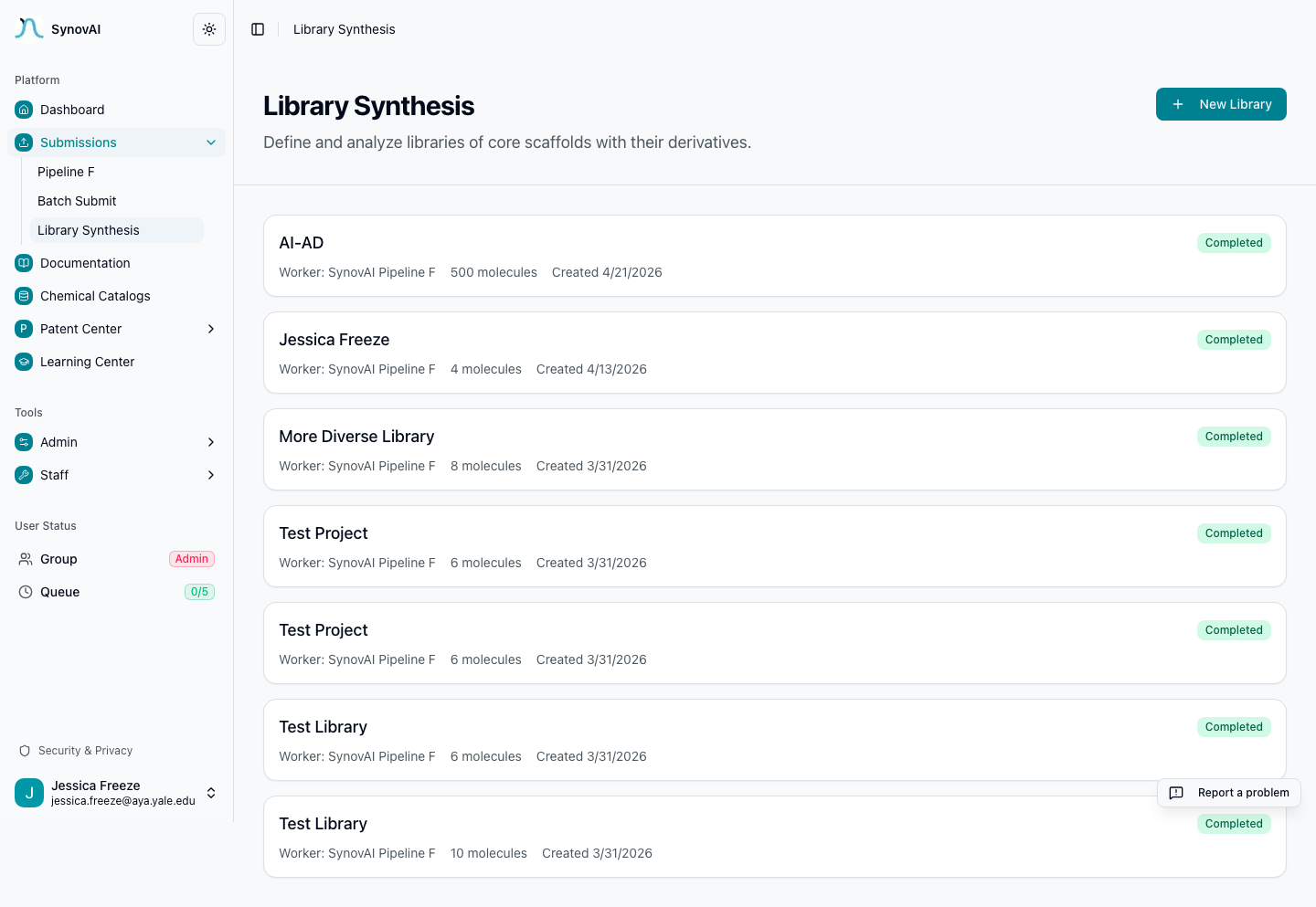 Library Synthesis batches per-hit retrosynthesis and surfaces shared intermediates.