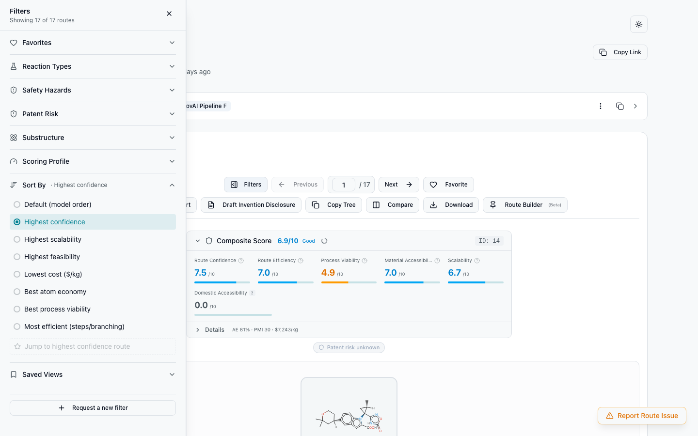Filters sidebar with the scoring-profile picker open